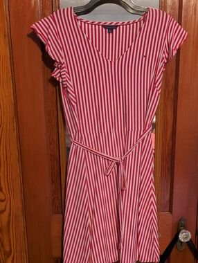 Tommy Hilfiger Red and White Striped V-Neck Belted Dress